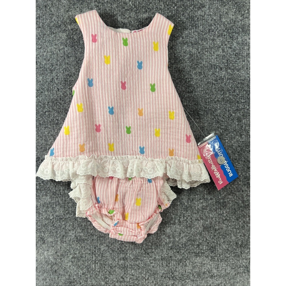 NWT RuffleButts Pink Bunny Stripe Cotton Gauze Swing Top & Bloomer Set - 3-6M